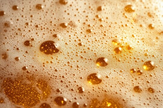 close-up of golden beer foam with sparkling amber bubbles and frothy texture conveying refreshing warm effervescence