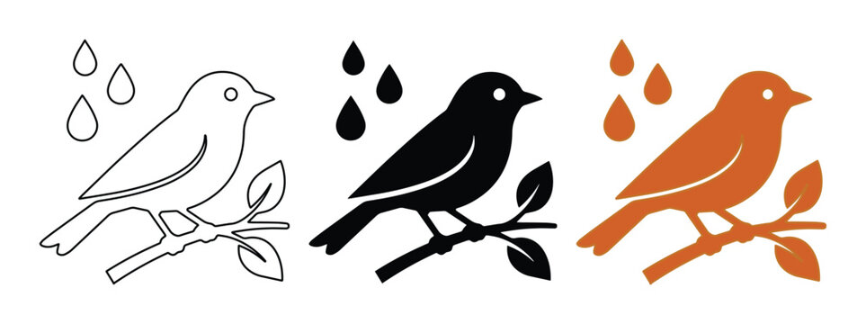 雨と鳥のシンプルでミニマルなアイコンセット、枝にとまる小鳥のベクターイラスト、天気予報や自然をテーマにしたデザインに最適な白黒とオレンジの鳥のシルエット