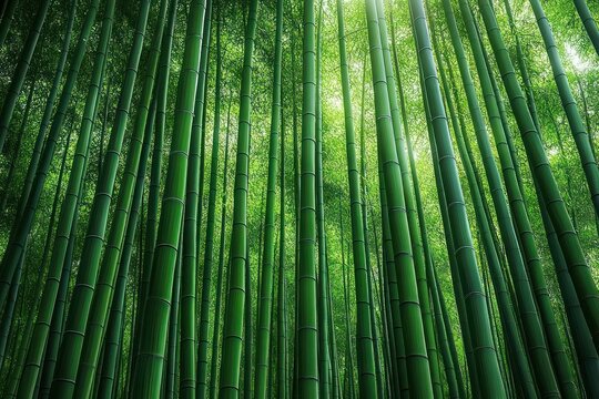 sunlit towering bamboo forest with dense green stalks and a peaceful, tranquil atmosphere