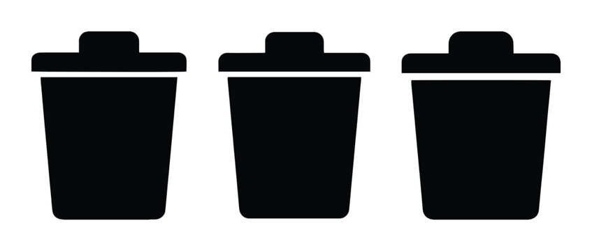ゴミ箱アイコンセット、シンプルな黒いごみ箱のベクターイラスト、削除や廃棄物処理のシンボル、ウェブサイトやアプリのUIデザインに最適な3つのバリエーション