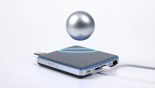 A metallic sphere levitates above a magnetic charging pad, showcasing wireless power technology.