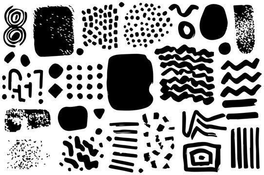 Retro 1980s memphis style abstract graphic shapes collection with irregular textures and bold black ink strokes on white background retro design elements for collage and modern