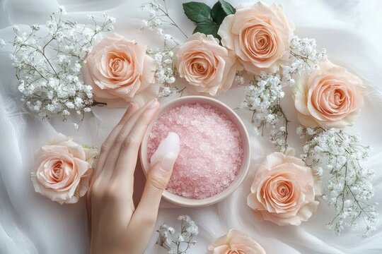 soft spa flat lay with pale peach roses and baby's breath surrounding a bowl of pink bath salts and a gentle hand dipping a fingertip, calm soothing pampering scene