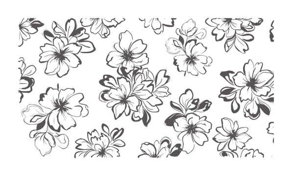 Hand drawn dark grey floral pattern white flower