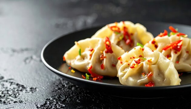 Exquisite steamed dumplings artfully drizzled with vibrant chili oil and fresh red pepper on a dark plate, a tantalizing appetizer.