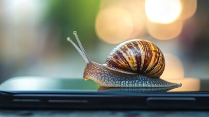 Obraz premium Snail crawling over smartphone screen - concept of slow digital age or lag