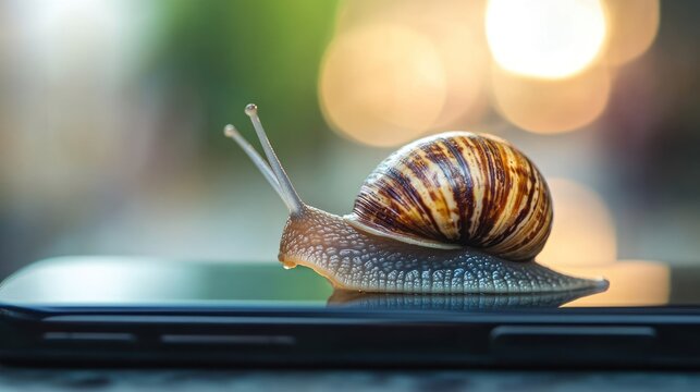Snail crawling over smartphone screen - concept of slow digital age or lag