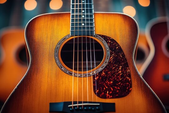 Close-up of warm wooden acoustic guitars with glowing bokeh lights, textured pickguard and strings evoking cozy musical nostalgia