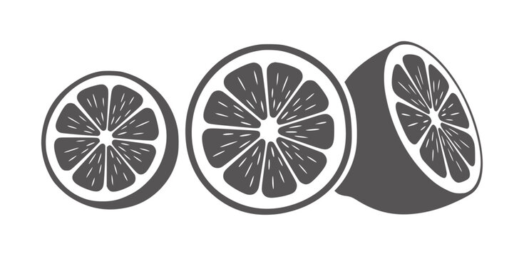 Three stylized dark gray citrus fruit slices white orange lemon