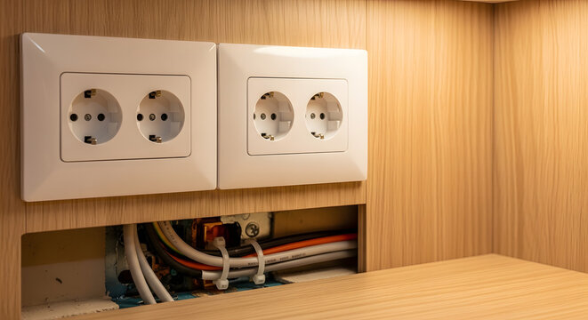 Detailed view of two white electrical wall sockets mounted on a textured wooden surface, revealing the intricate network of power cables and wiring connections below