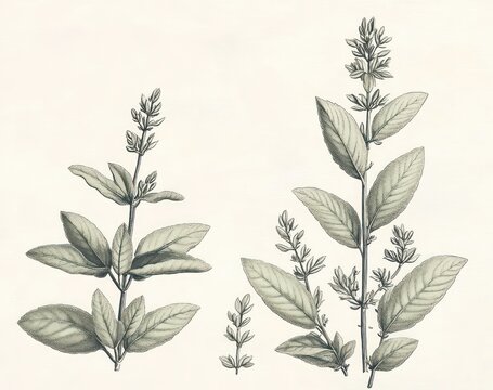 three delicate botanical sprigs with lanceolate leaves and clustered buds, vintage scientific engraving conveying a calm detailed natural study