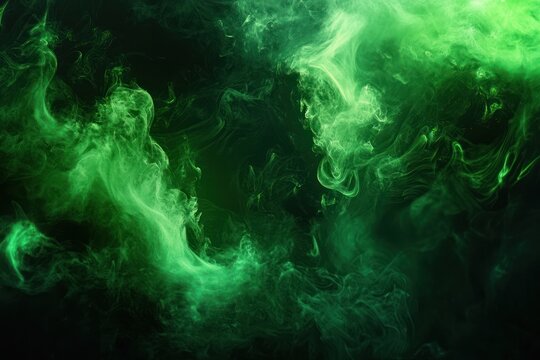 Swirling luminescent green smoke and ethereal wisps over a dark background, mysterious otherworldly atmosphere