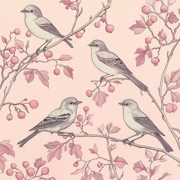 Four delicate songbirds perched on leafy branches with pink berries against a soft pastel pink background, evoking a peaceful and gentle vintage botanical mood