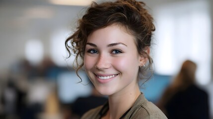Obraz premium Smiling young professional pictured in a bright modern office setting symbolizing enthusiasm and career growth