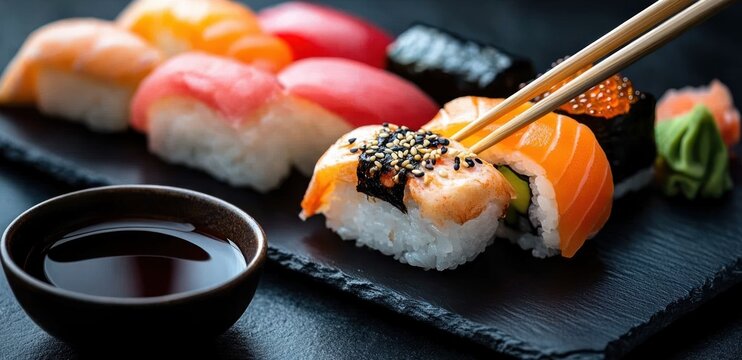 assorted nigiri and sushi rolls on a dark slate platter with chopsticks lifting sesame-topped salmon nigiri beside a soy sauce dish, wasabi and pickled ginger, fresh and inviting