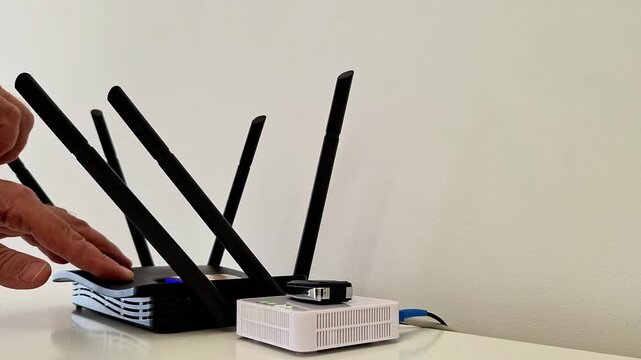Hands adjusting antennas on black wireless router beside connected modem with blue cable, highlighting home networking setup, signal optimization, and reliable internet connectivity