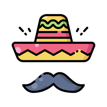 Mexican Sombrero Hat and Mustache Icon Fill Cut Vector Illustration