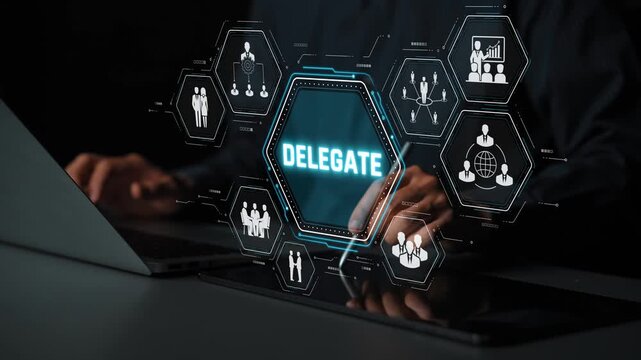 Hands on Laptop with Digital Delegate Concept, Graphic Icons and Interconnected Symbols on Dark Background Representing Teamwork and Task Allocation Sigmoid
