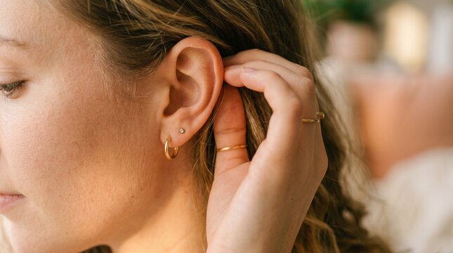 Woman Tucking Hair Behind Ear &ndash; Side Profile, Soft Focus, Morning Light on Neck, Tender Gesture Macro