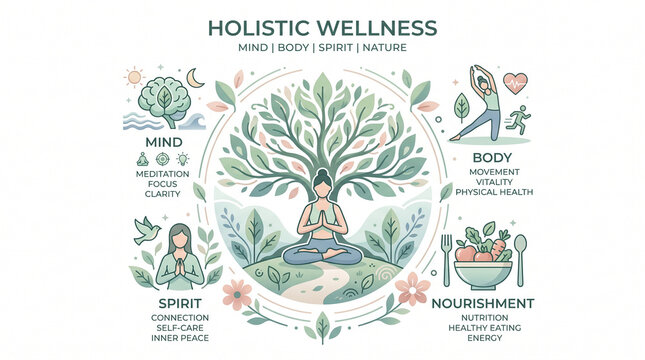 Holistic wellness concept illustration, mind body spirit and nature infographic, healthy lifestyle and self care diagram with tree of life