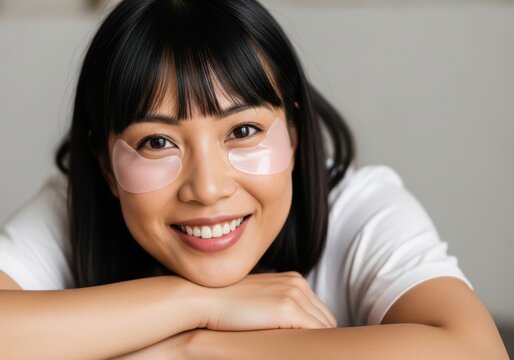 Asian woman with eye patches smiling