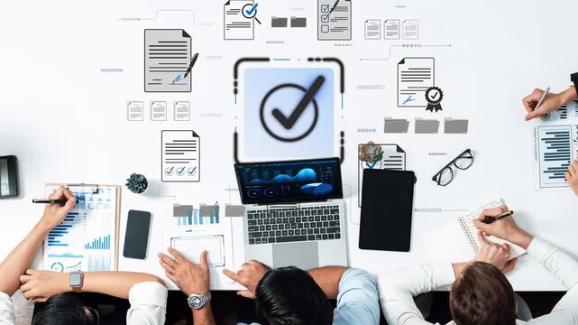 Modern Workspace with Digital Tools for Document Management, Data Analysis and Collaborative Teamwork Featuring Laptops, Notebooks, and Graphs Sigmoid