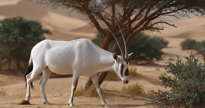 White oryx standing in desert landscape.