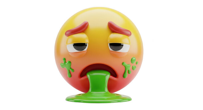 A 3d cartoon emoji with a sick expression and green vomit isolated on transparent background