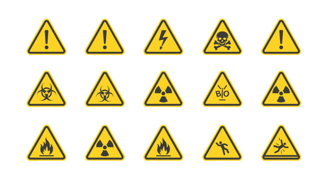 Warning signs display hazardous symbols and icons in a grid layout clearly