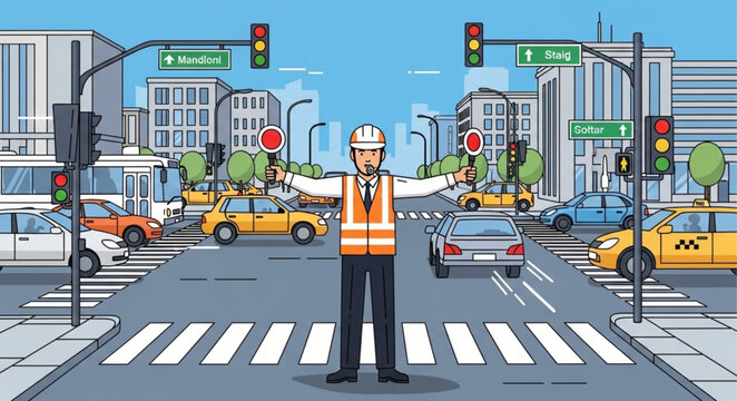 Traffic controller directing vehicles in a busy city intersection.