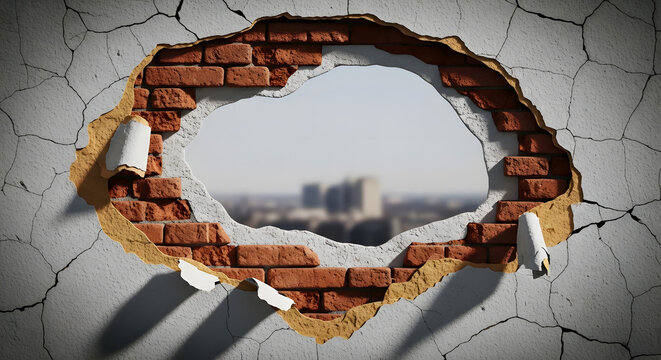 Grunge urban wall with torn plaster exposing red bricks