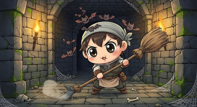 A chibi character stands in a dungeon with a broom, battling bats. The scene glows from torches on stone walls