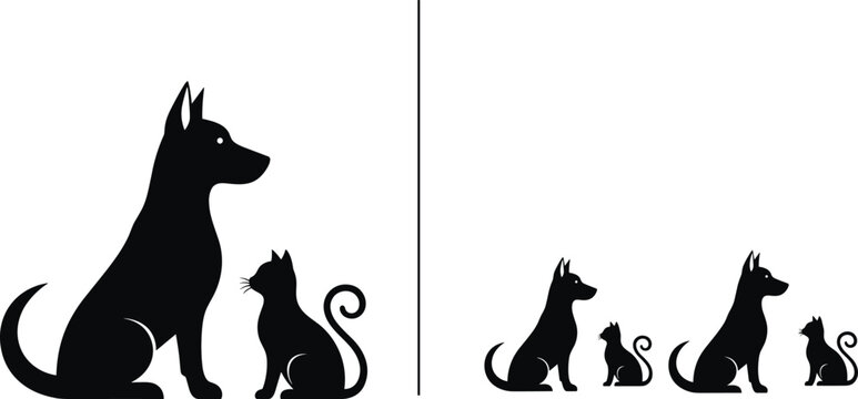 Black silhouette dog and cat comparison size domestic animals vector illustration pet icons isolated minimal design concept white background graphic