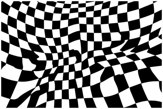 Distorted black and white checkerboard pattern with a psychedelic swirling vortex effect creating a visually hypnotic and disorienting abstract optical illusion perfect