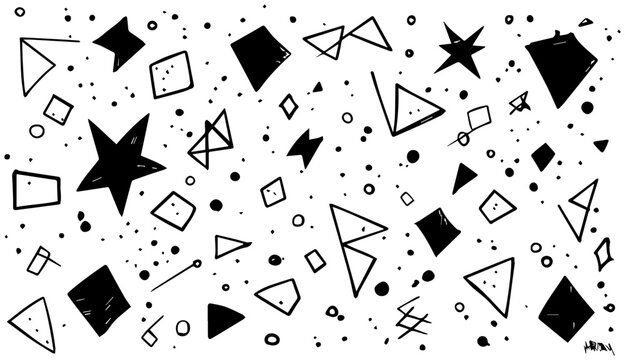 Abstract composition of hand drawn geometric shapes stars diamonds and dots in a playful quirky and unbalanced pattern against a clean white background evoking a sense