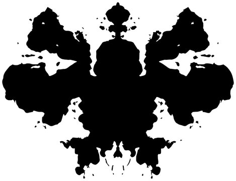 Abstract symmetrical black inkblot shape resembling a rorschach test evoking psychological interpretation mystery and subconscious thought set against a clean white background