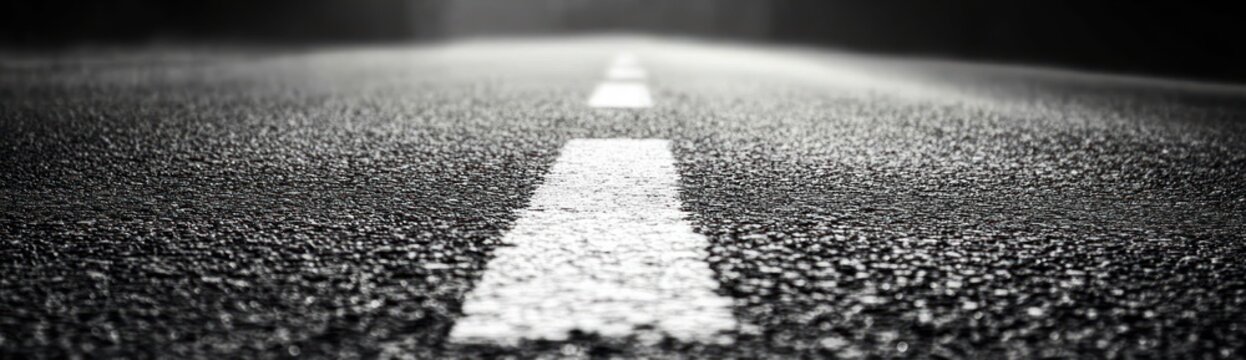 low-angle close-up of textured asphalt with a centered dashed white line fading into the misty horizon, evoking solitude and forward motion