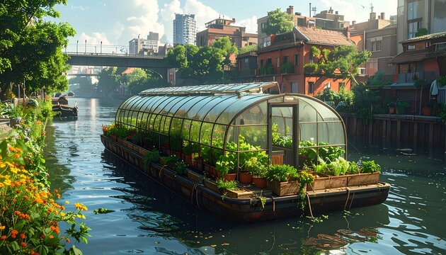 Breathtaking visionary landscape photography showcasing a futuristic clear glass floating greenhouse barge on a calm urban river.