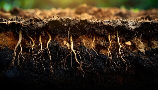 A detailed subterranean view of fertile dark soil where intricate plant root networks anchor quietly into the earth