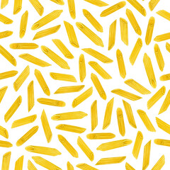 Fototapeta premium Hand drawn watercolor penne pasta seamless pattern. Food background for restaurant menu design packaging fabric print kitchen wallpaper tableware.
