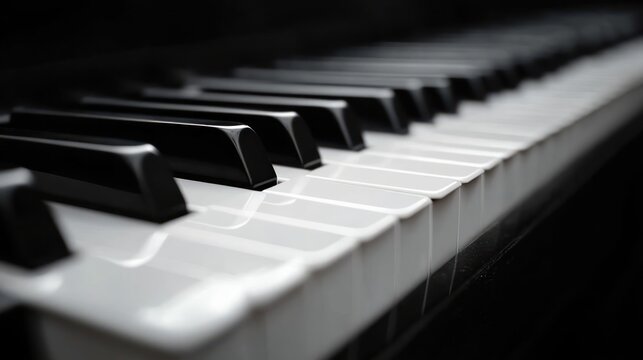 Close-up of glossy black and white piano keys with soft reflections and diagonal perspective, evoking calm, elegance and musical anticipation
