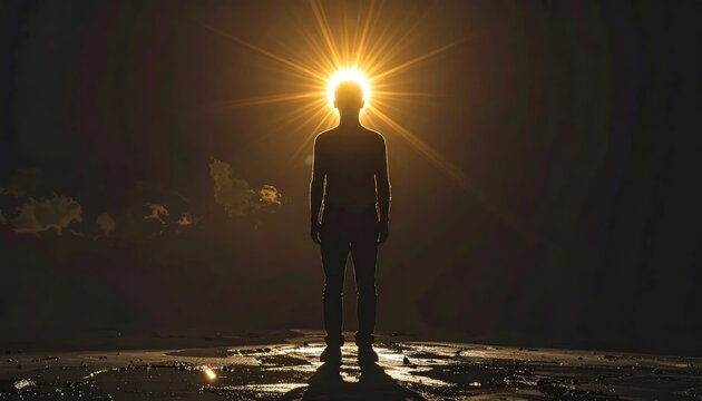 Silhouette of a person bathed in radiant sunlight, symbolizing enlightenment and hope.