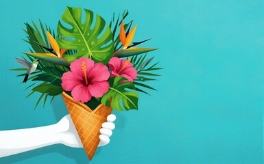 Fototapeta premium Tropical flowers in ice cream cone vibrant colors against blue