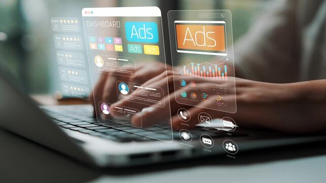 Hands Using Laptop with Futuristic Digital Dashboard Displaying Ads and Analytics for Marketing Strategy and Performance Evaluation Sigmoid