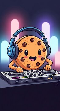 A cute, animated chocolate chip cookie with headphones "mixing" on a DJ controller, with a neon-light backdrop
