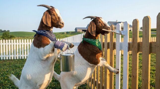 Two Diligent Goats Working Together to Paint a Picket Fence on the Farm