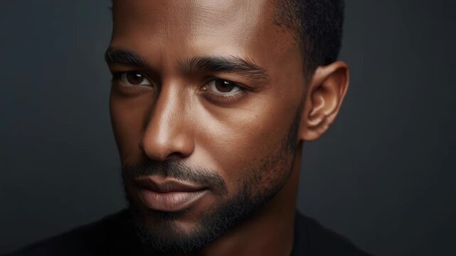 Young man portrait close up studio lighting thoughtful expression confident trimmed beard soft warm