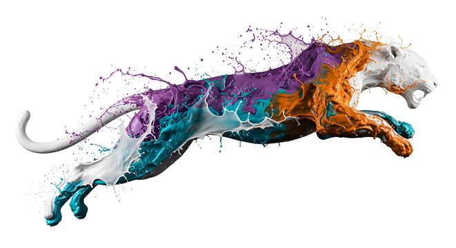 Powerful Cheetah Jumping with Dynamic Colorful Paint Splash on White Background