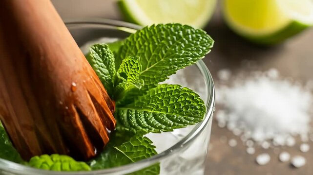 Glass with ice, mint, lime and muddler for cocktail preparation, close-up shot