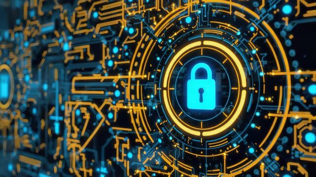 Secure blue padlock glowing circuit hub with digital lock icon and data protection cyber security